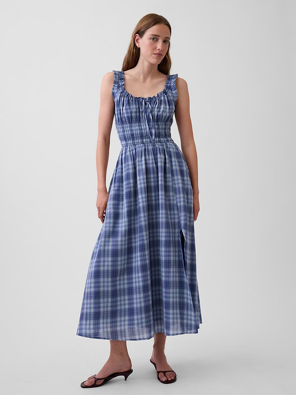 Voile Plaid Smocked-Waist Maxi Dress