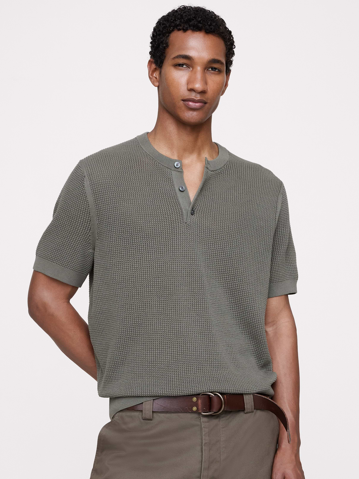 Cotton-Silk Short-Sleeve Henley Sweater
