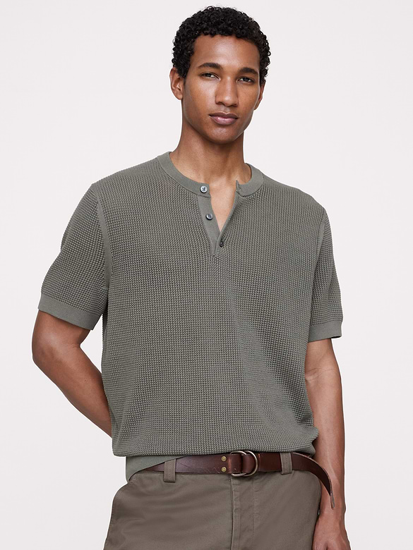 Cotton-Silk Short-Sleeve Henley Sweater