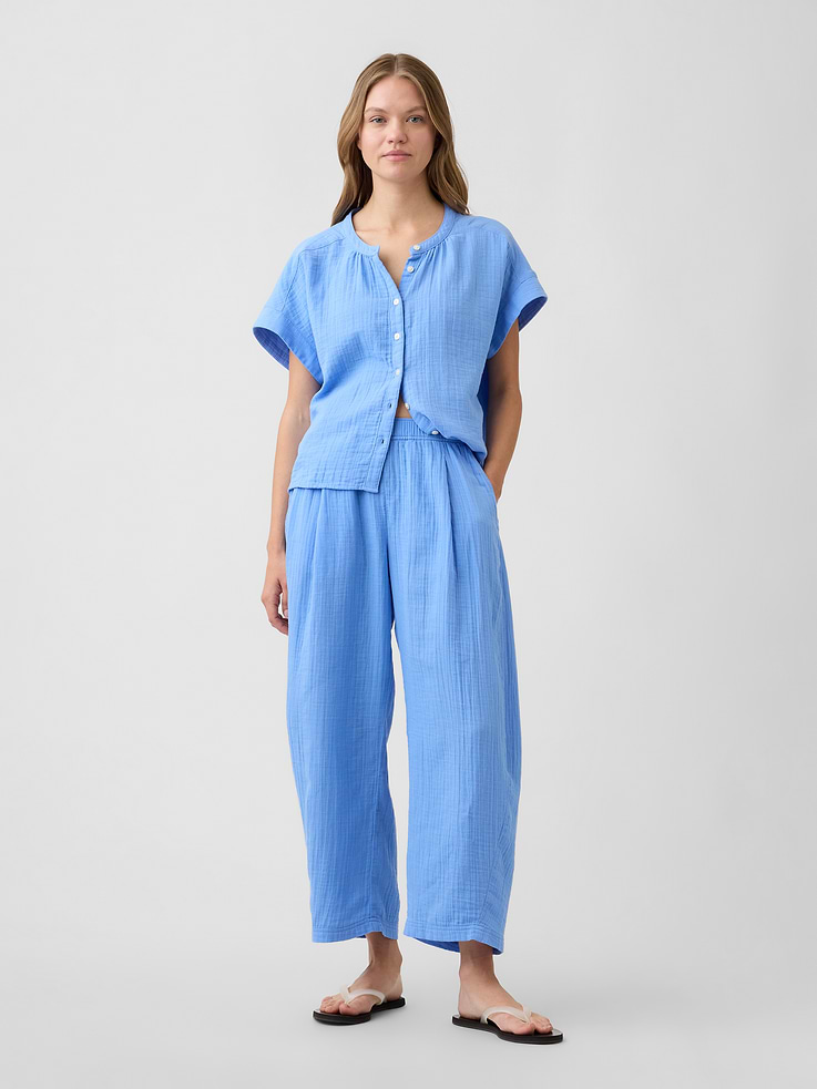 Image number 1 showing, Mid Rise Pull-On Barrel Gauze Pants