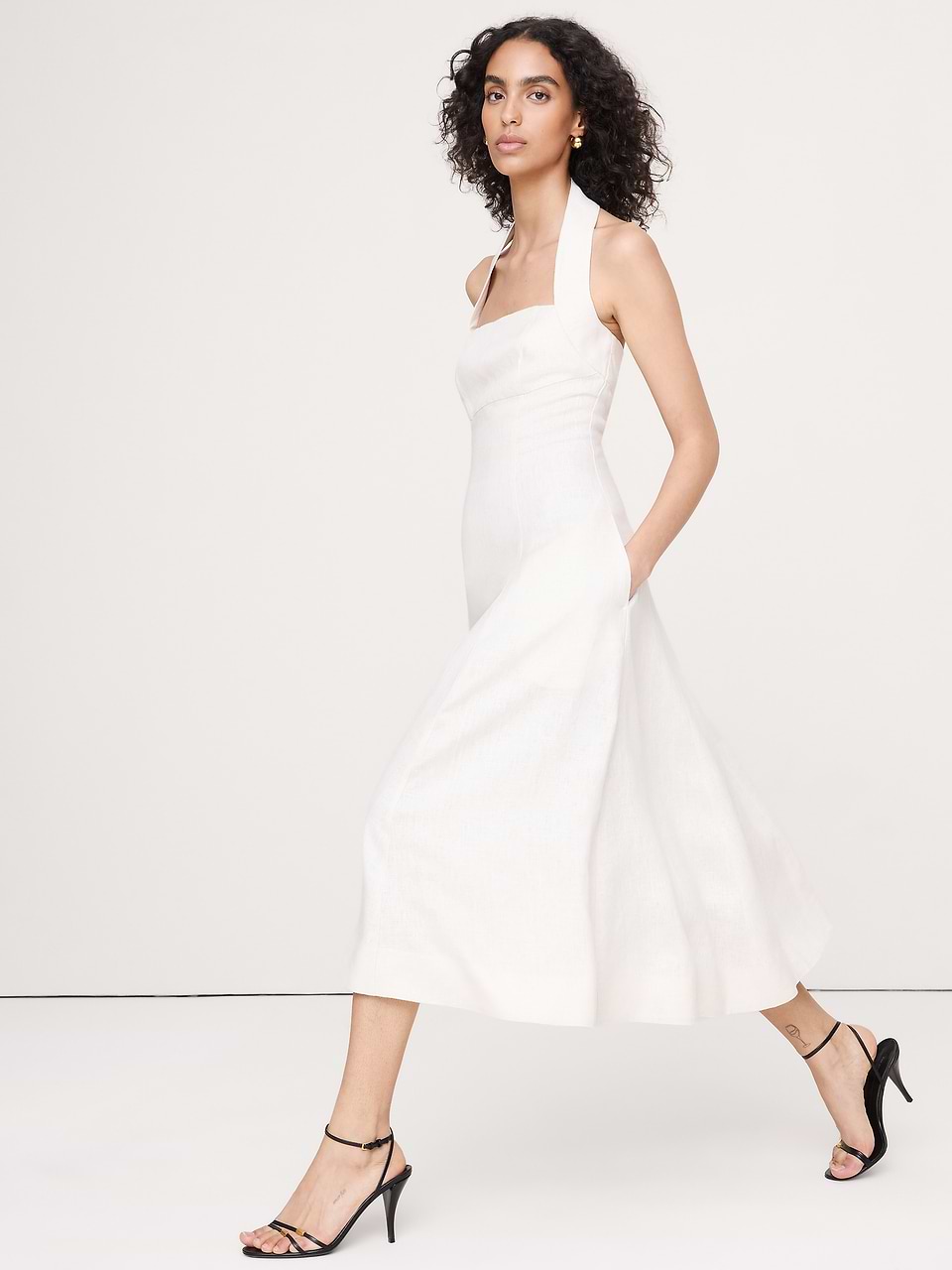 white linen halter dress Blend Neck Midi 100% Cotton Lining Beyond Yoga SoftWash Linen Halter