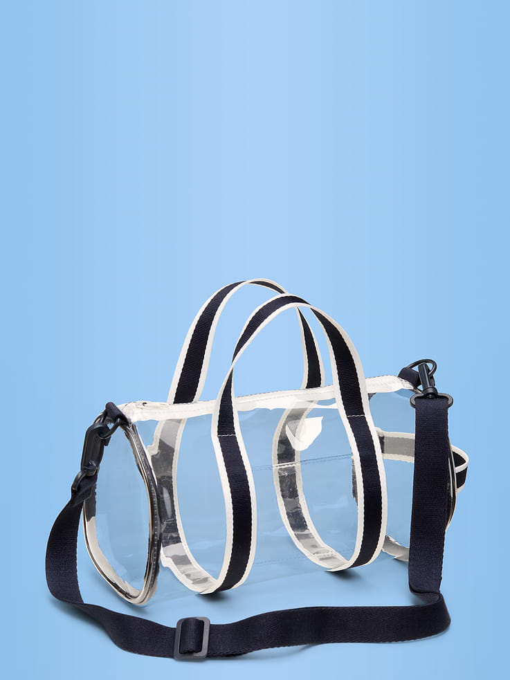 Image 1 of 4, transparent shell, contrasting webbed straps, zip closure, Product #902033