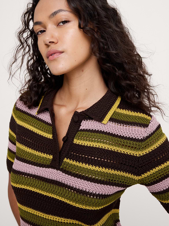 Crochet Stripe Cotton Sweater Polo