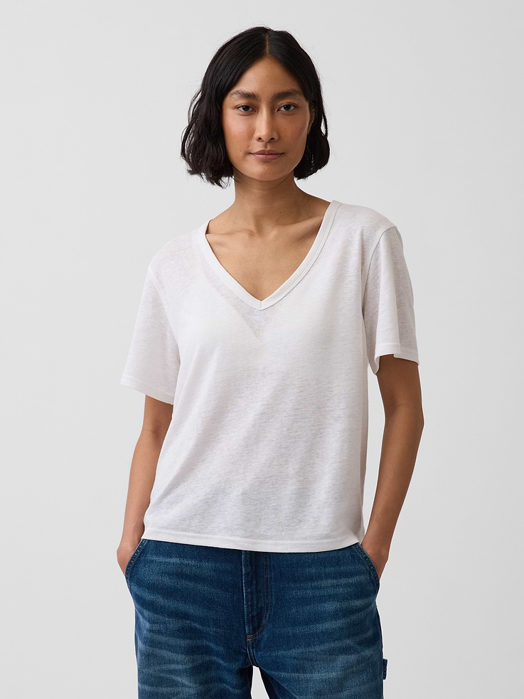 Image number 1 showing, Linen-Blend Relaxed V-Neck T-Shirt