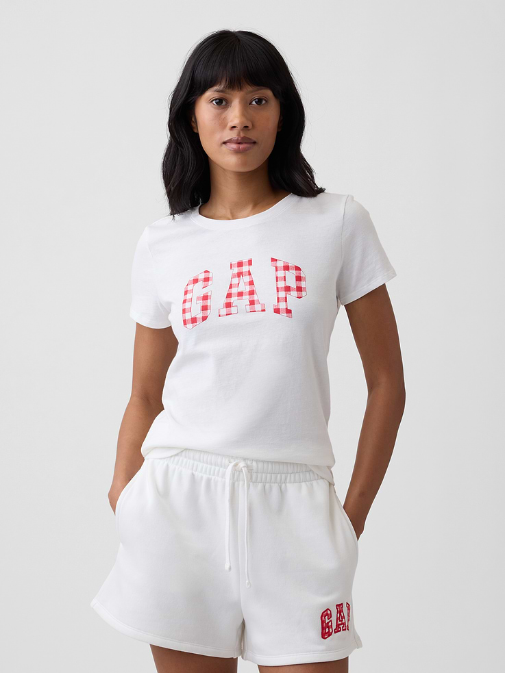 Image 1 of 5, Soft jersey knit., Short sleeves., Crewneck., Gap logo at front., Select styles have allover print., This product was made in a factory that invests in gender equity and women’s empowerment through RISE. Learn more at, Product #1177870