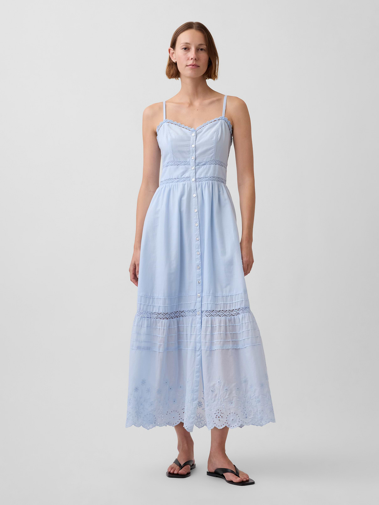 Lace-Trim Button-Front Maxi Dress