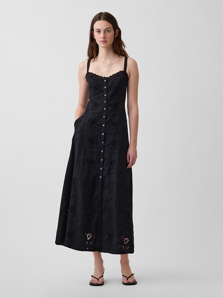 Image number 1 showing, Linen-Blend Embroidered Cami Maxi Dress