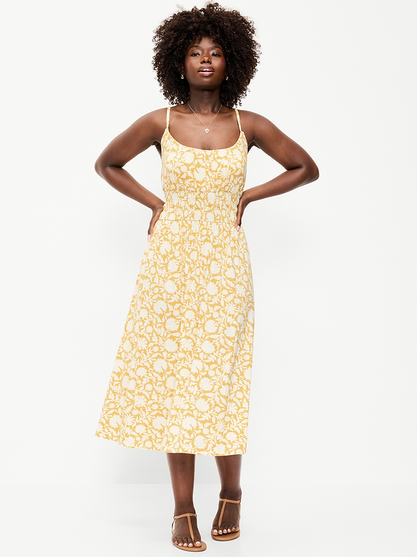 Fit & Flare Jersey Smocked-Waist Midi Dress