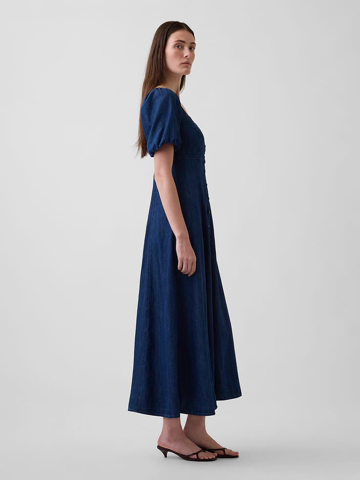 Image number 3 showing, Denim Puff-Sleeve Button-Front Maxi Dress