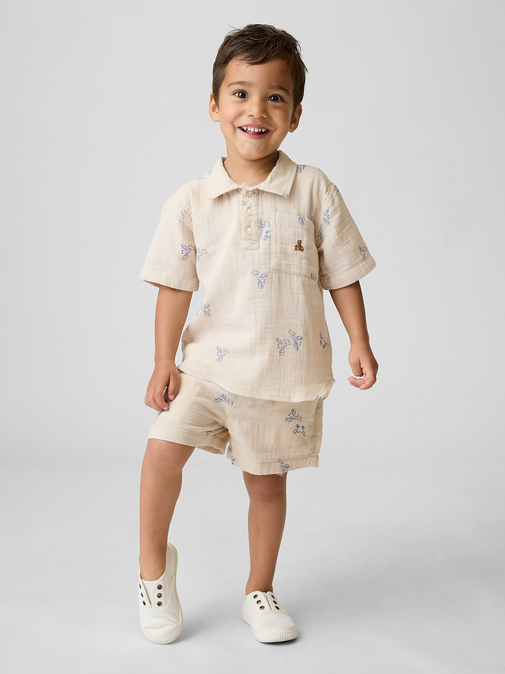 L'image numéro 1 présente Short en gaze de coton à effet froissé à taille extensible pour Bébé et Tout-petit