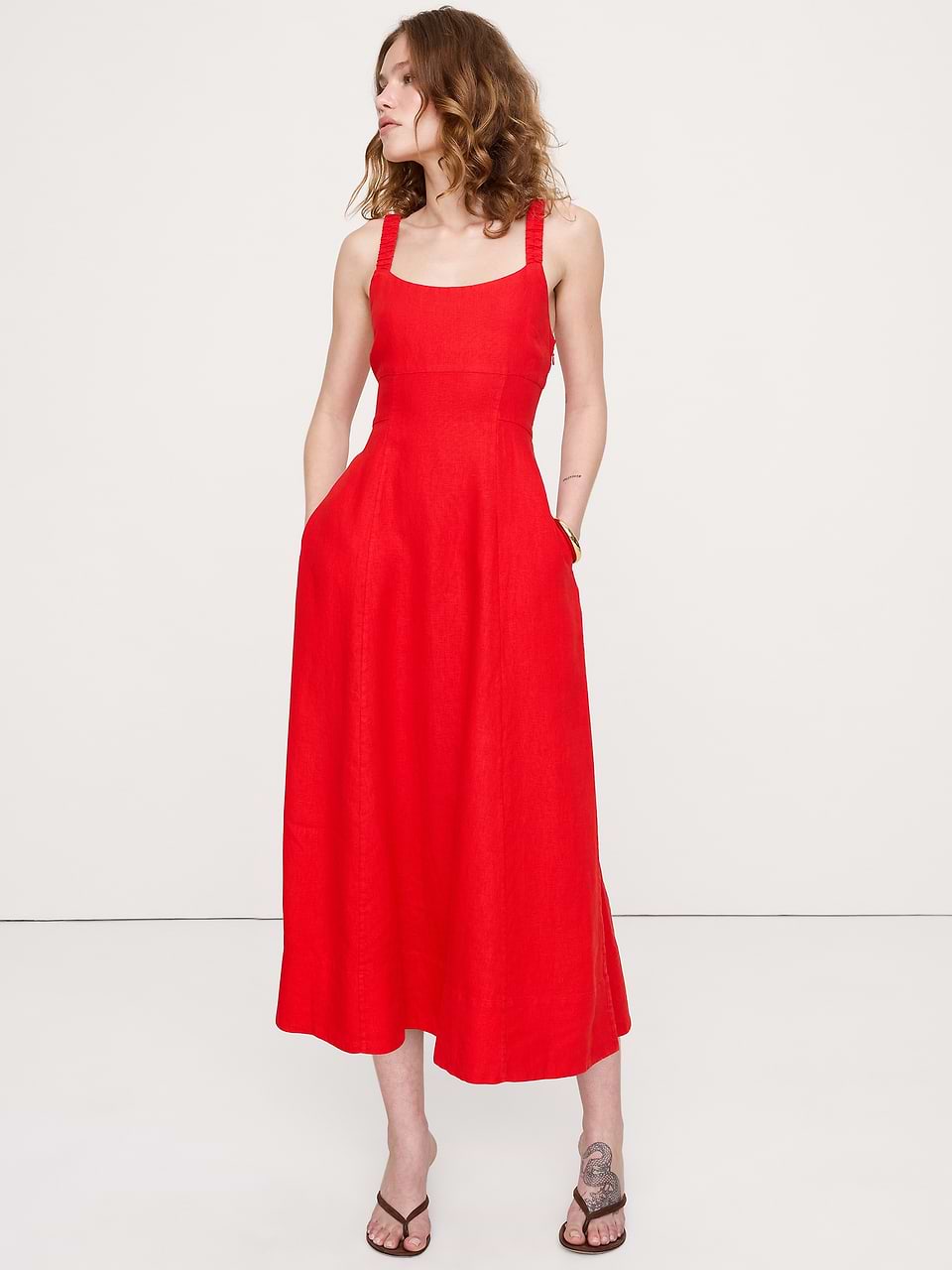 square neck linen dress sleeveless CASSIDY ADALINE is a simple and elegant midi linen slip dress featuring a square neckline and delicate spaghetti straps Sleeveless Square-Neck Linen Button Wrap
