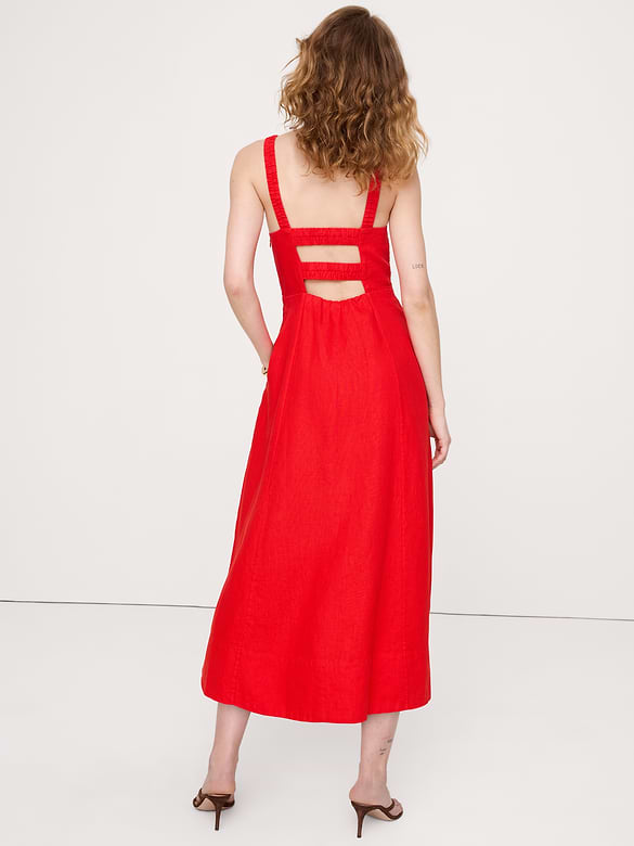 Linen Square-Neck Midi Dress