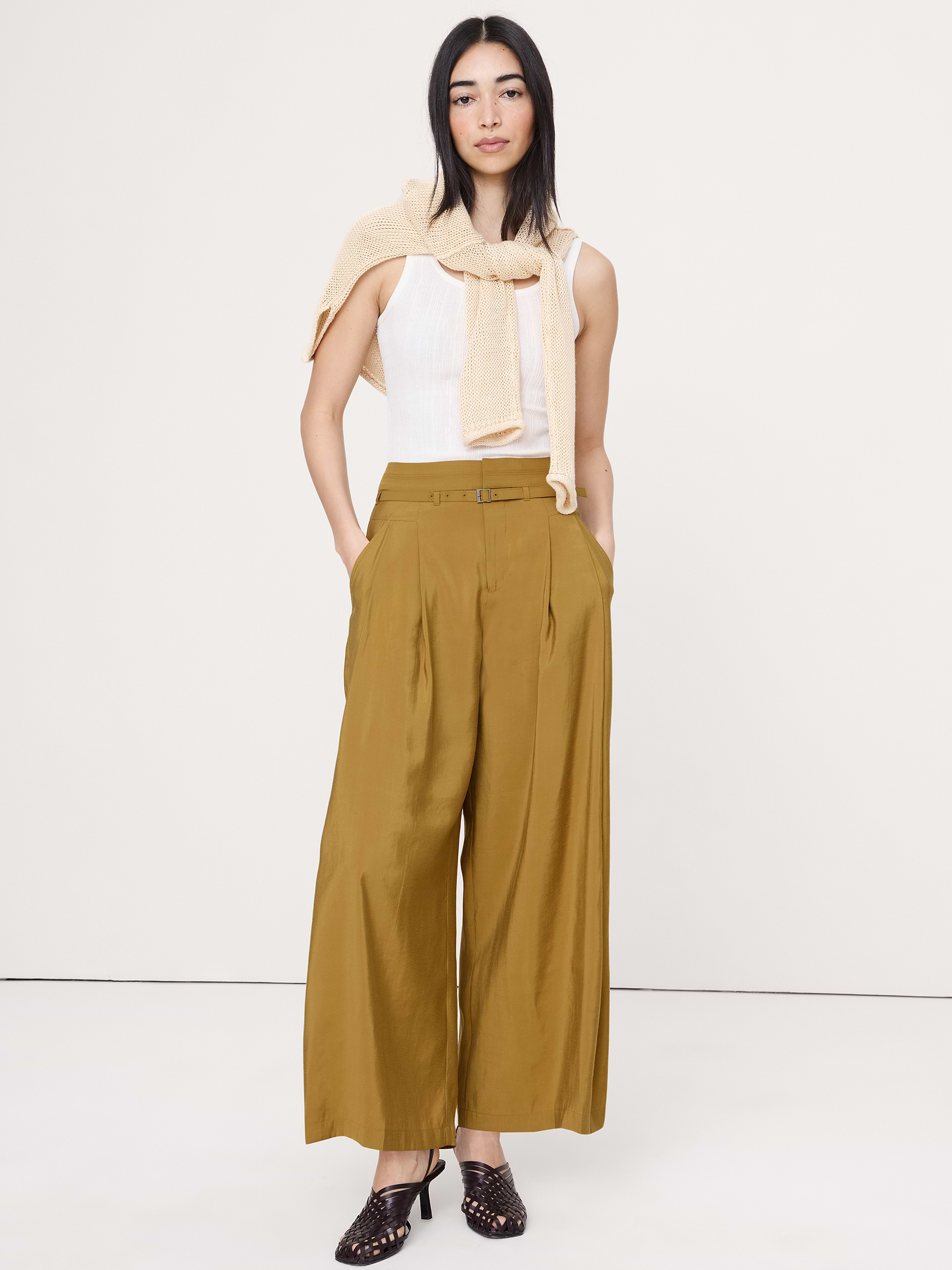 Image number 1 showing, Pleated Wide-Leg Cropped Pant in Luster Twill