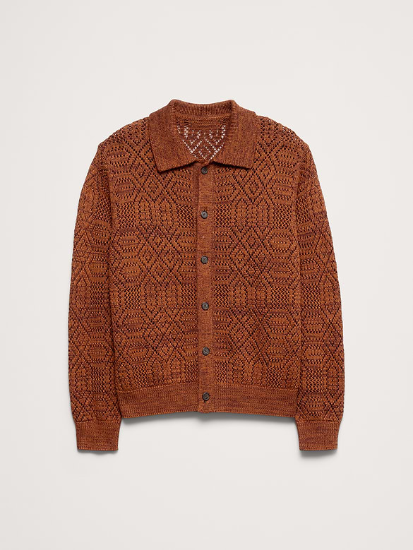 Linen-Cotton Textured Polo Cardigan