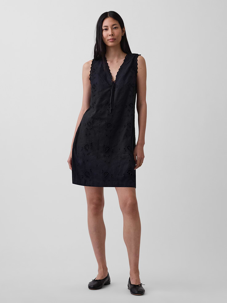 Image number 1 showing, Linen-Blend Embroidered Mini Shift Dress