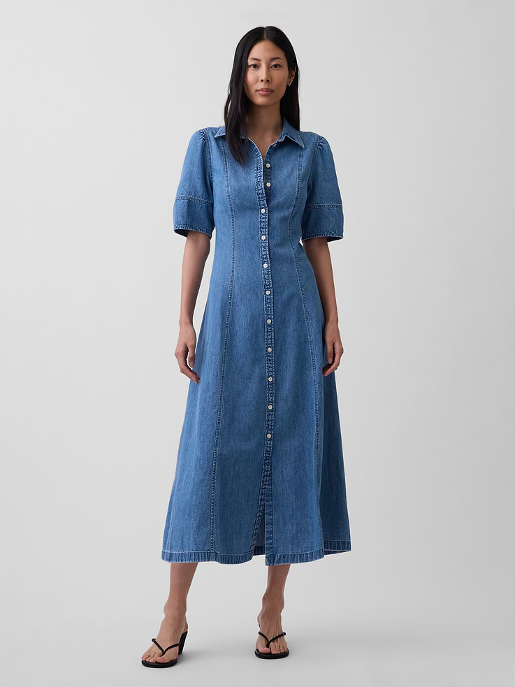 Image number 1 showing, Denim Barrel-Sleeve Midi Shirtdress