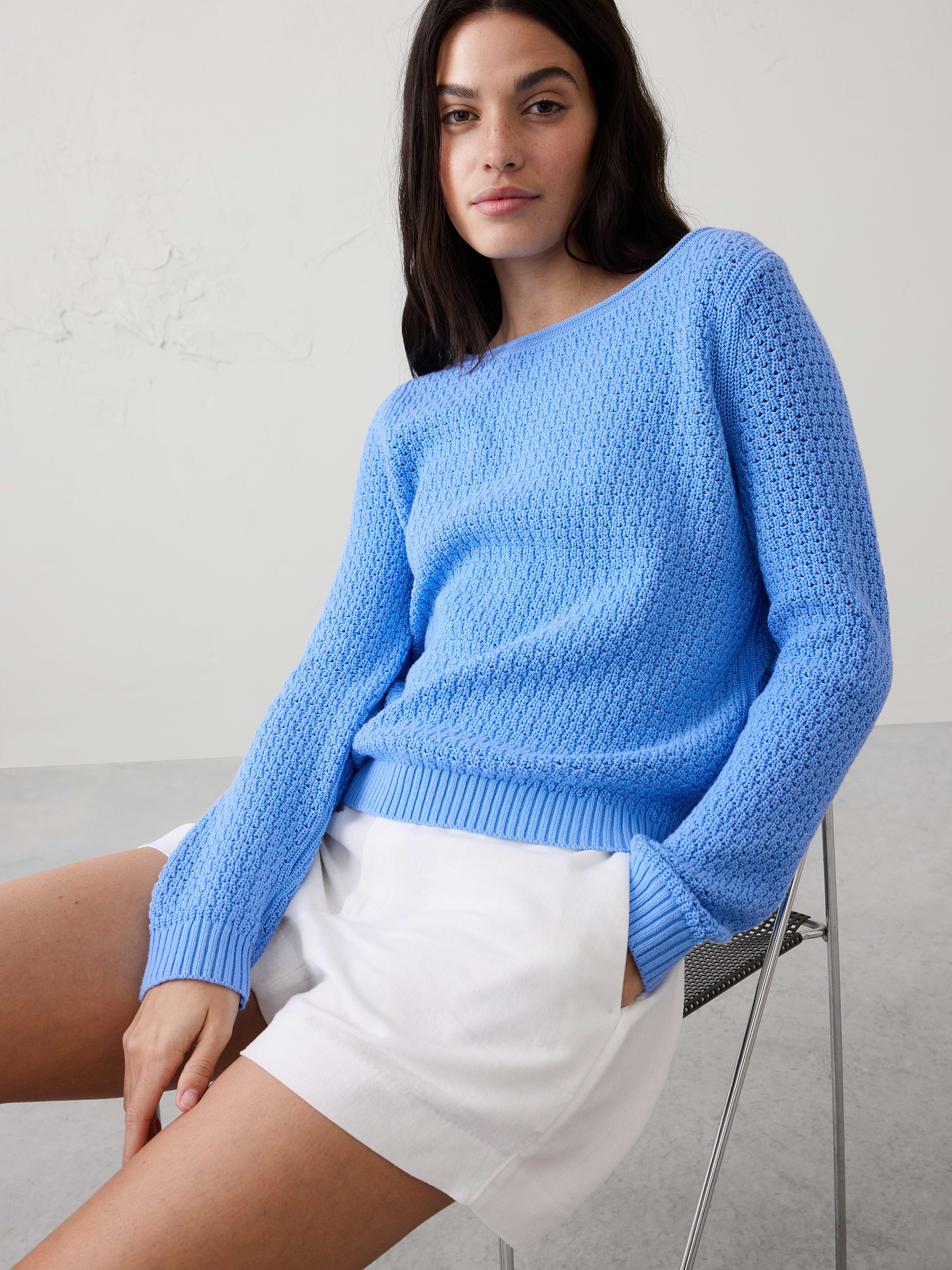 Image number 1 showing, Cotton Boatneck Crochet Sweater