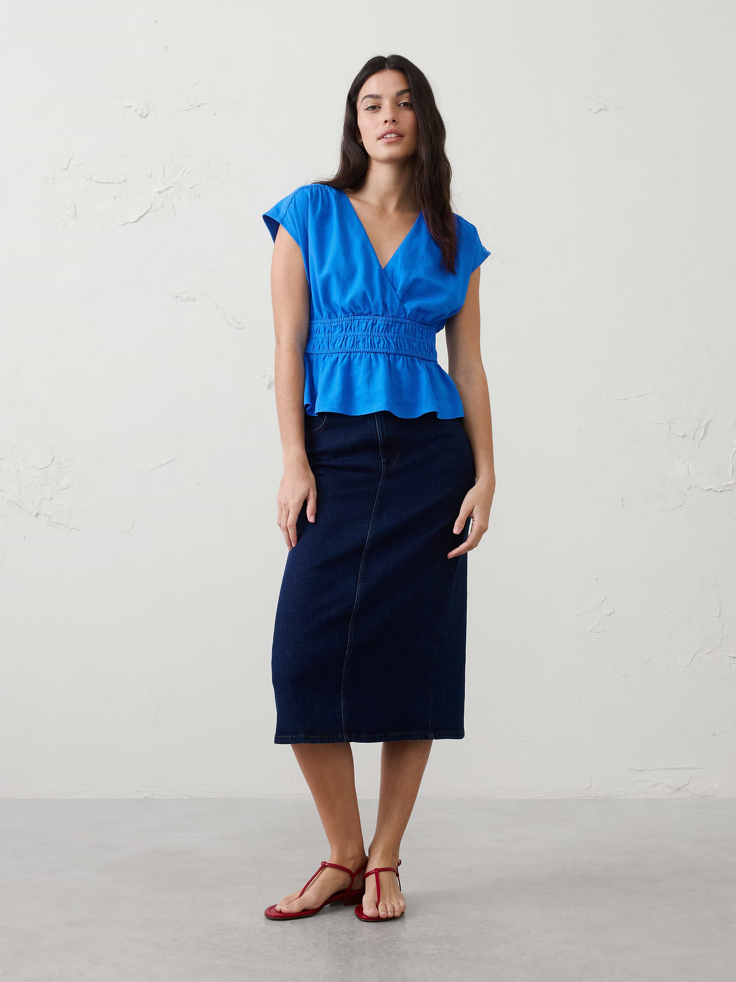 Image number 1 showing, Linen-Blend Elastic Surplice Top