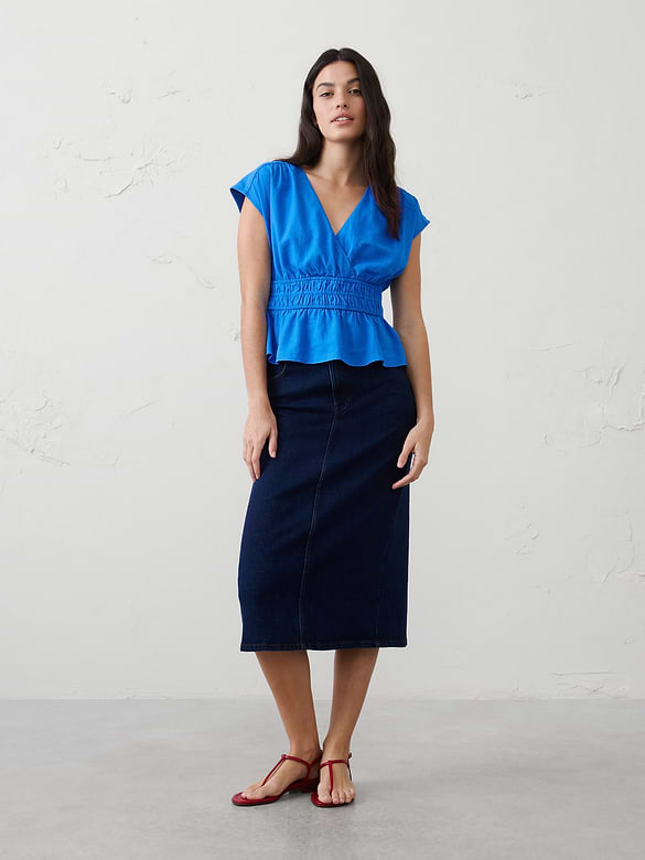 Linen-Blend Elastic Surplice Top