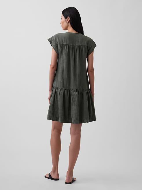 Women's Cotton Gauze Drop-Waist Shirtdress by Gap Mesculen Green Petite Size XS