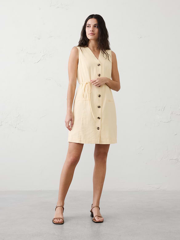 Linen-Blend Button-Front Above-Knee Dress