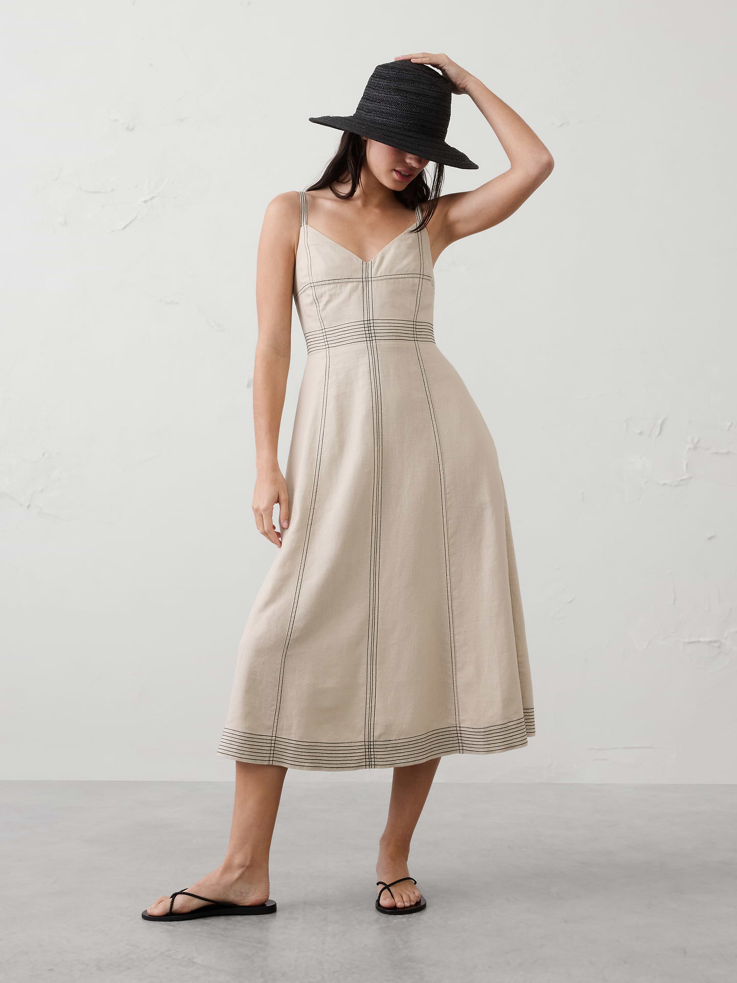 Image number 1 showing, Linen-Blend Contrast Stitch Midi Dress