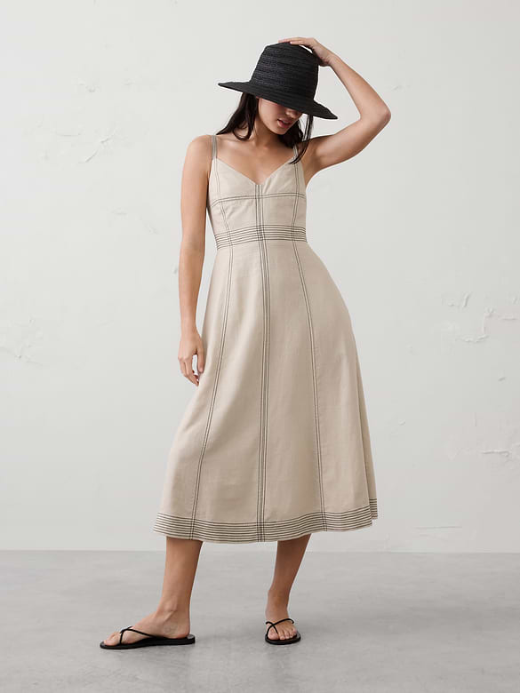 Linen-Blend Contrast Stitch Midi Dress