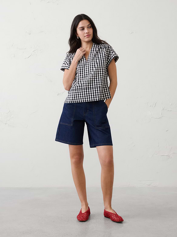 Gingham Split-Neck Top
