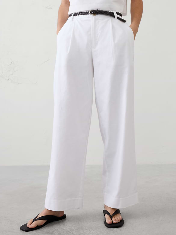 Straight-Leg High-Rise Linen-Blend Pleated Pant