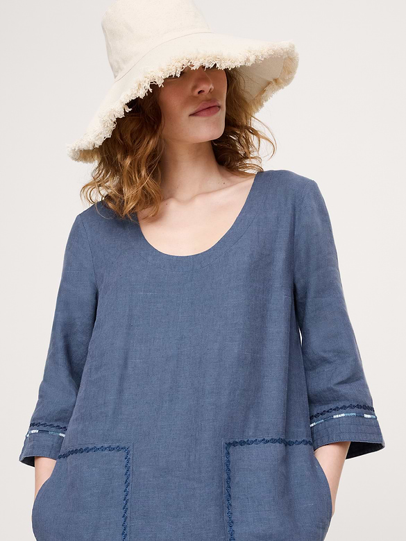 Embroidered Linen Scoop-Neck Maxi Dress