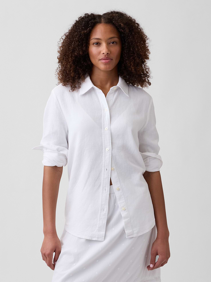 Image 1 of 5, Smooth linen blend., Long sleeves with button cuffs., Spread collar, button front., Patch pocket at chest., Curved shirttail hem is slightly longer at back., Select styles have allover stripes., This product was made in a factory that invests in gender equity and women’s empowerment through RISE. Learn more at, Product #751154