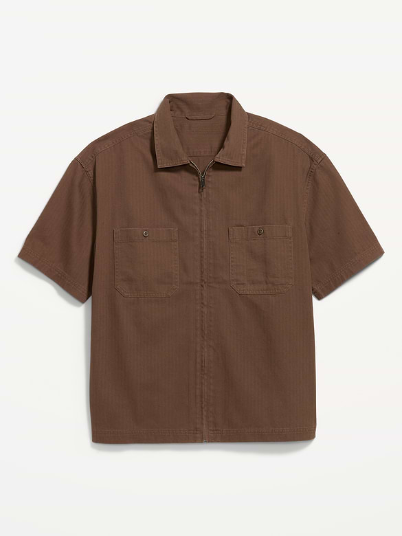 Loose Full-Zip Herringbone Workwear Shirt