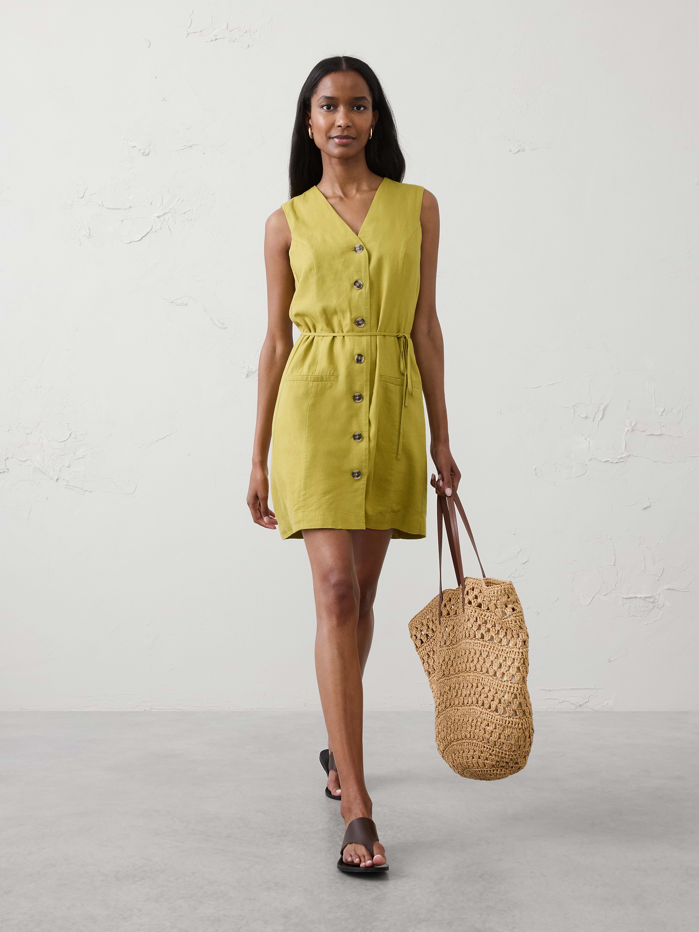 Image number 1 showing, Linen-Blend Button-Front Above-Knee Dress
