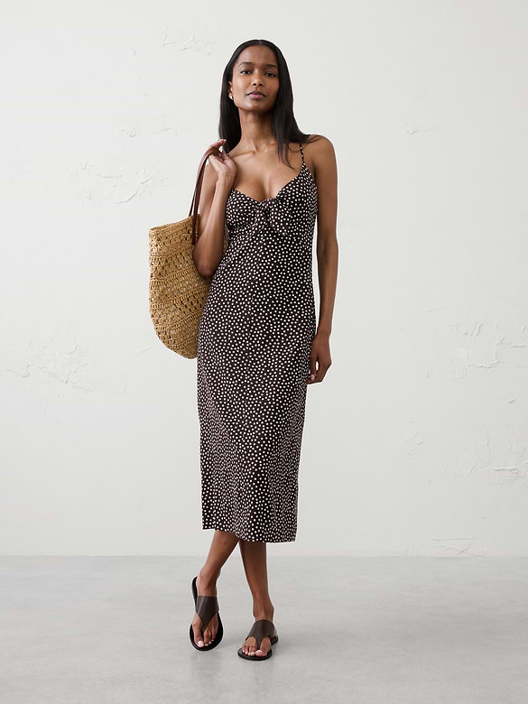 Linen-Blend Tie-Front Midi Dress