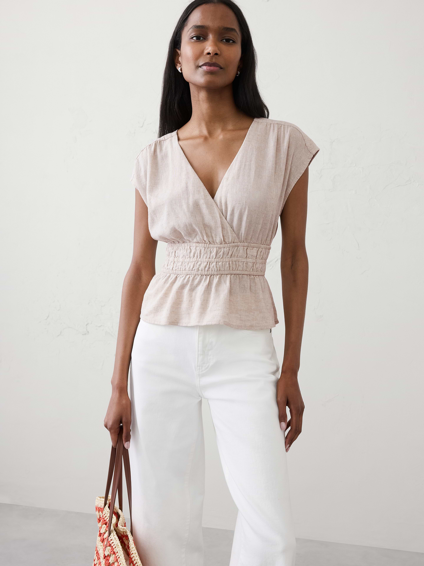 Image number 1 showing, Linen-Blend Elastic Surplice Top