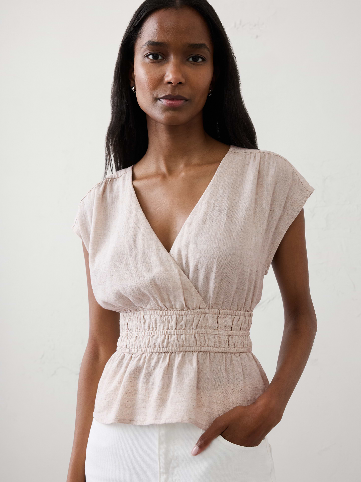 Image number 3 showing, Linen-Blend Elastic Surplice Top