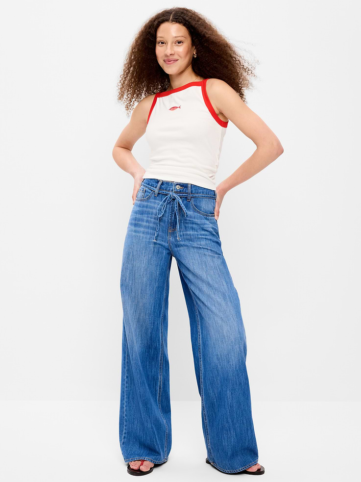 Image number 1 showing, High-Waisted Drapey Wide-Leg Jeans