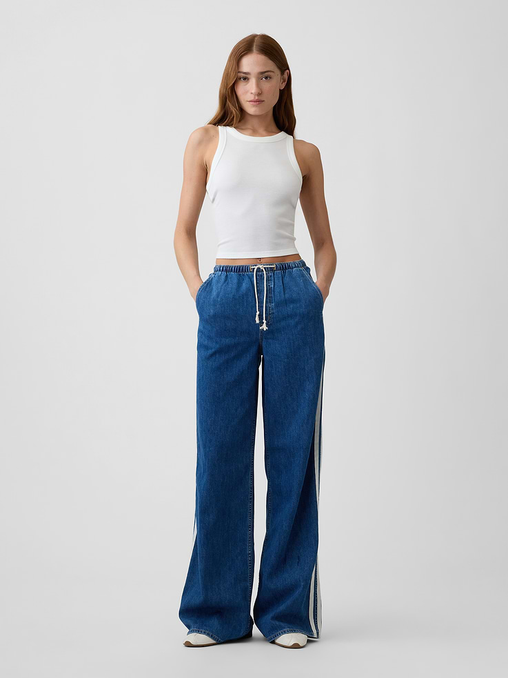 Image 1 of 7, Made with our softest airy-light denim, designed to live in., This product is made with/contains 5% recycled cotton. Compared to virgin materials, using recycled materials helps reduce resource use and waste., This product is part of our water-saving Washwell program. Compared with conventional wash methods, Washwell uses at least 20% less water., Soft, lightweight denim., Medium indigo wash., Drawcord ties at elasticized waist, faux fly., Front slant pockets, patch pockets at back., Stripes at sides., Product #1175365