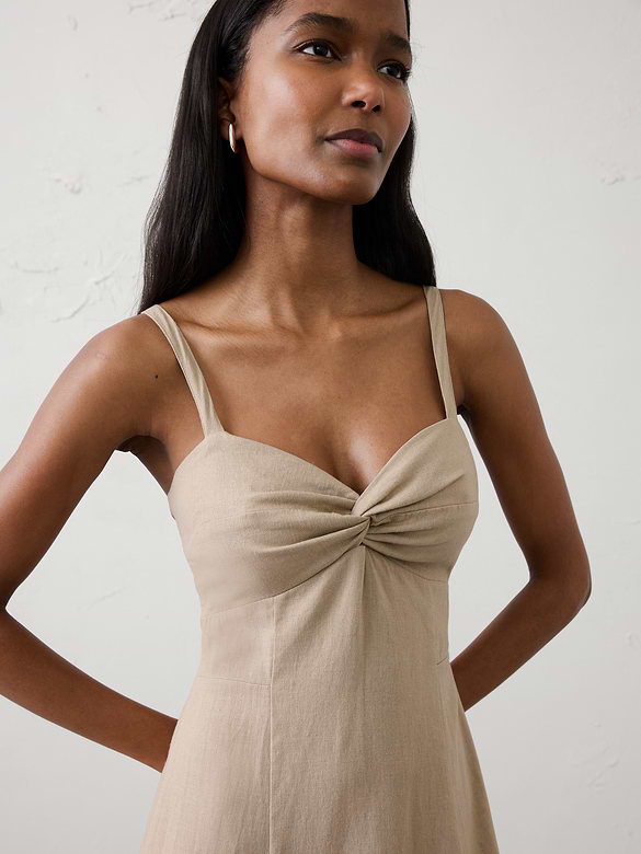 Linen-Blend Strappy Twist-Front Midi Dress