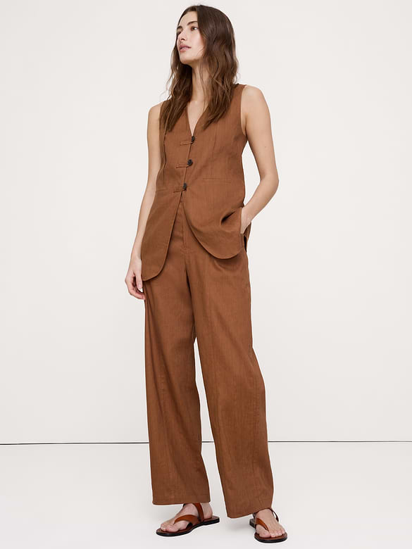High-Rise Straight Utility Pant in Stretch Linen-Viscose