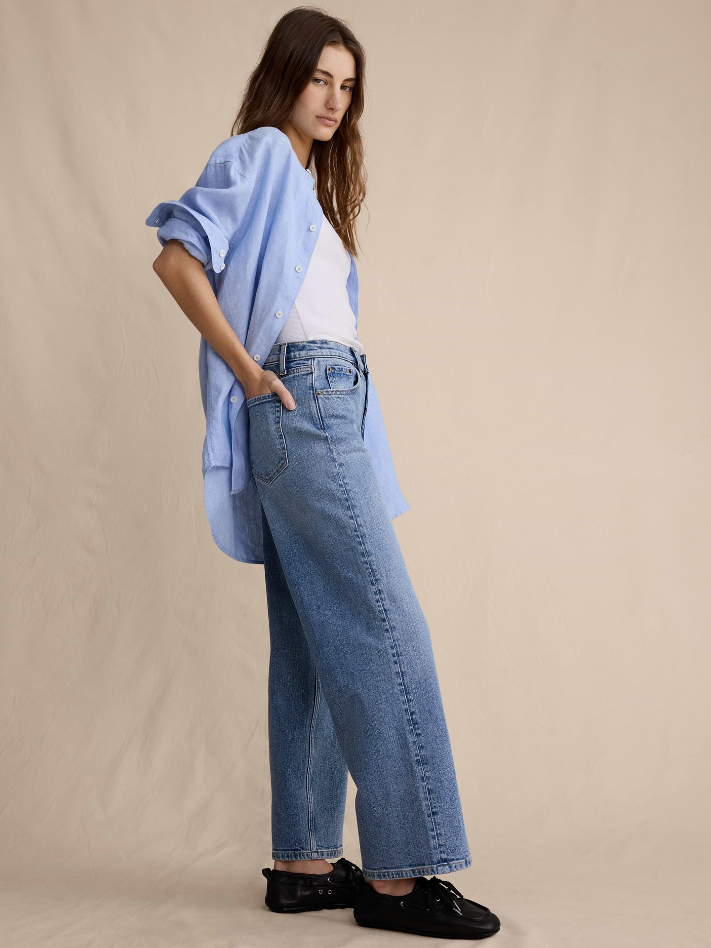 L'image numéro 4 présente Jean ample années 1990 à taille mi-basse longueur 3/4