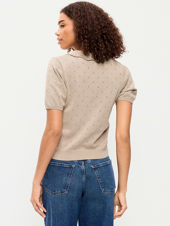 Tie-Front Seaside Cotton Pointelle Cropped Polo