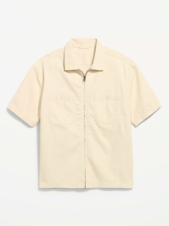 Loose Full-Zip Herringbone Workwear Shirt