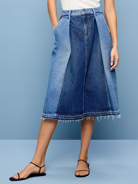 Reconstructed Pleated Denim Midi Skirt