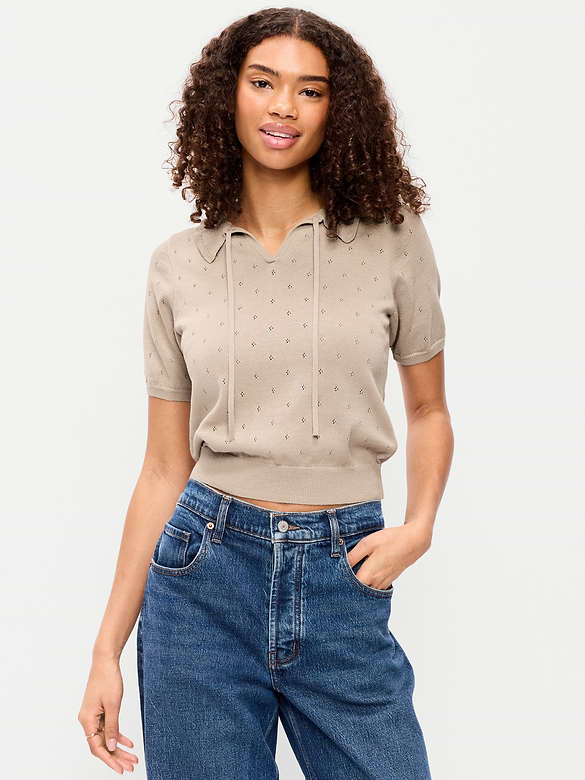 Tie-Front Seaside Cotton Pointelle Cropped Polo
