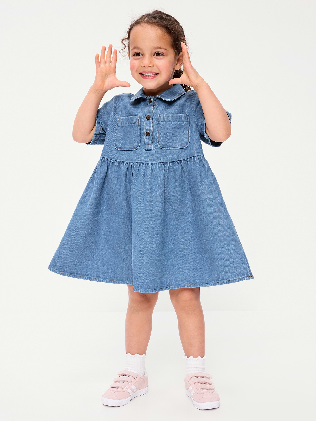 Image number 1 showing, Short-Sleeve Denim Shirt Dress for Toddler Girls