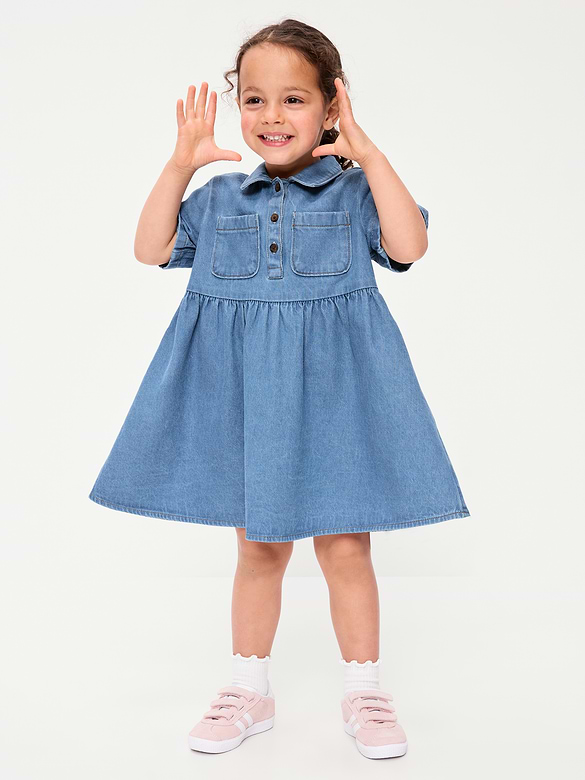 Short-Sleeve Denim Shirt Dress for Toddler Girls