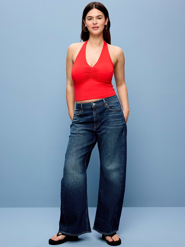 L'image numéro 6 présente Jean évasé à coutures torsadées et à taille mi-basse