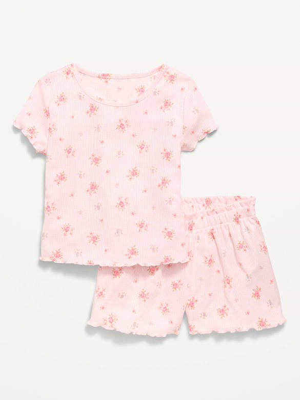 Ribbed Lettuce-Edge Pajama Top and Shorts Set for Girls