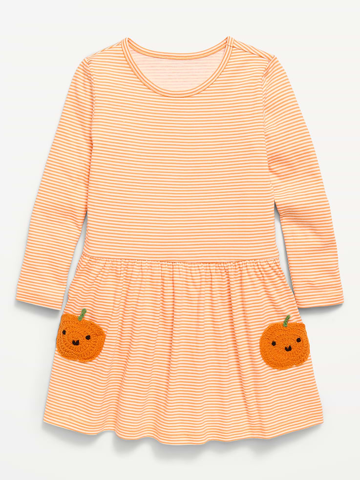Image 1 of 2, round neckline, long sleeves, drop waist, full skirt, pumpkin patch pockets at skirt, all-over pattern, Product #906233